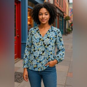 Vince Camuto Blue Floral Long Sleeve Blouse with Ruffle Cuffs